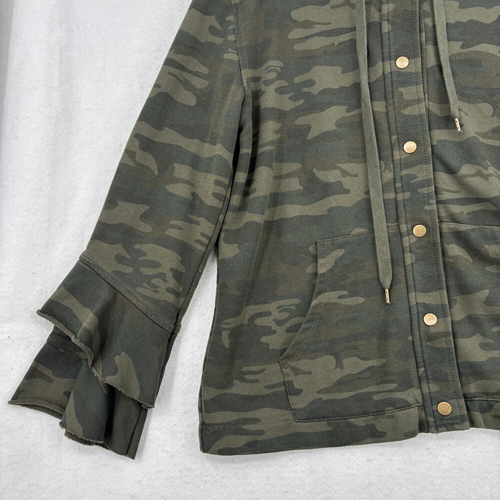 Sanctuary Hooded Jacket Size M Olive Green Camo Full Zip Ruffle Sleeve Hoodie - Picture 7 of 14